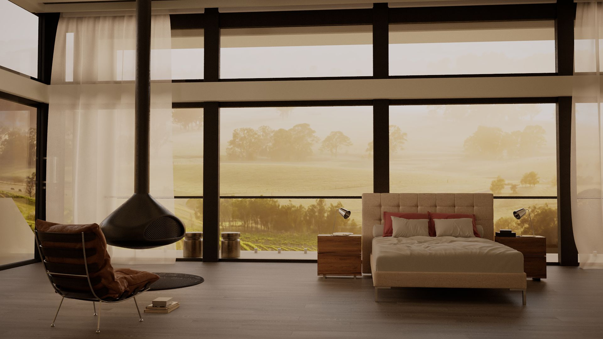 The Haussman SD Indestruct Bed in Sandstone, in a cosy postmodern bedroom overlooking a foggy countryside morning.