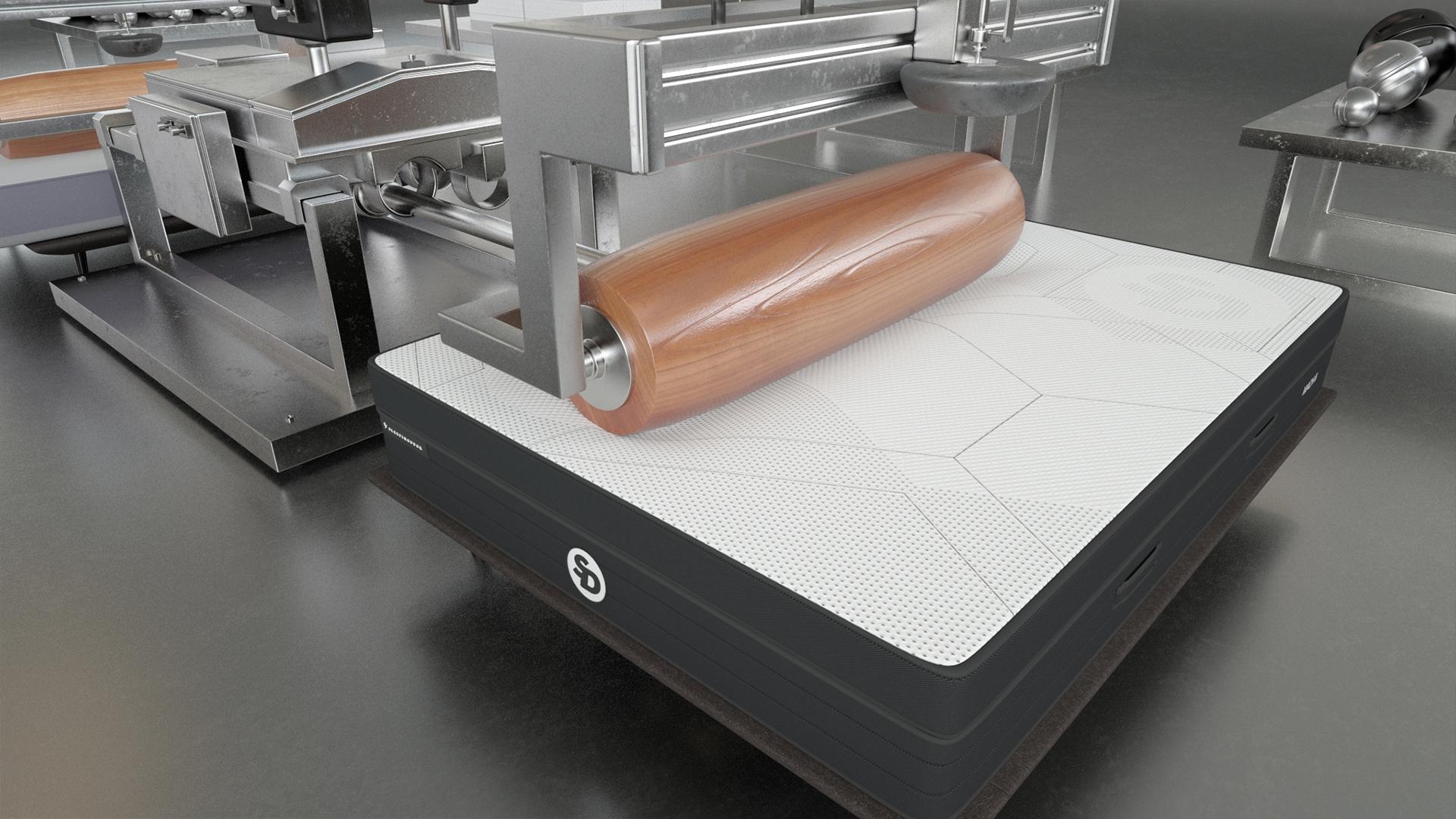 A simulation of the SD Mach 2 Mattress being tested by a large wooden roller for longevity.