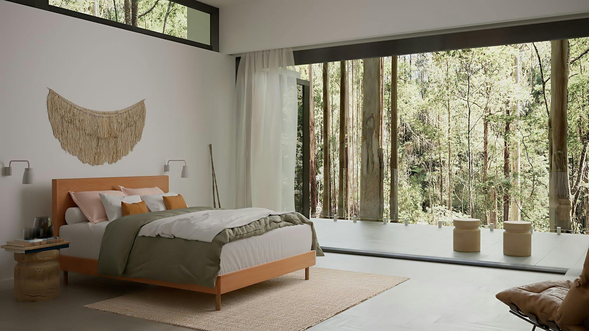 The Baker SD Indestruct Bed in European Oak, in a contemporary bedroom with organic accent decor, overlooking a lush Australian forest.