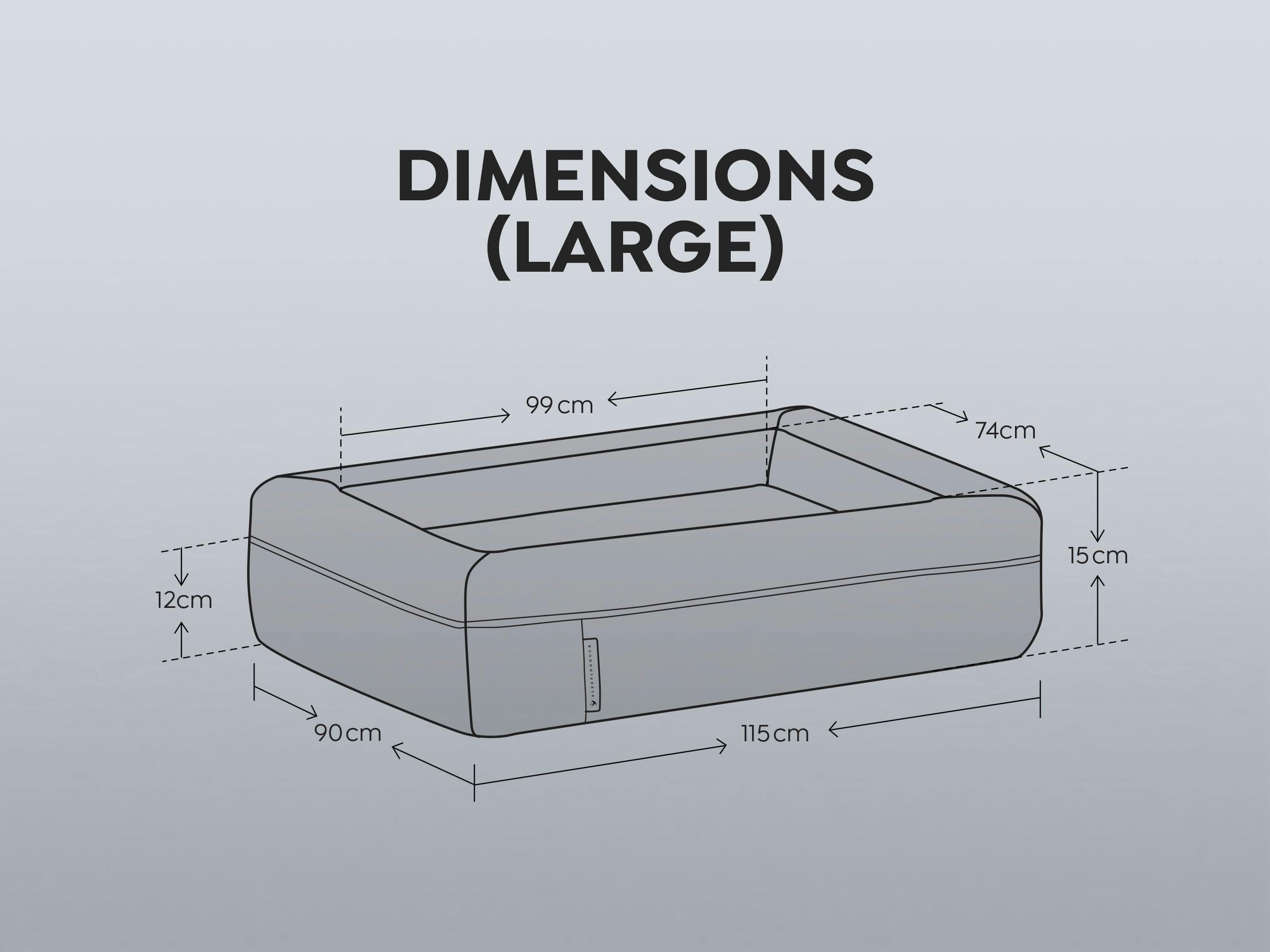 A diagram of the large Sleeping Duck Dog Bed dimensions.