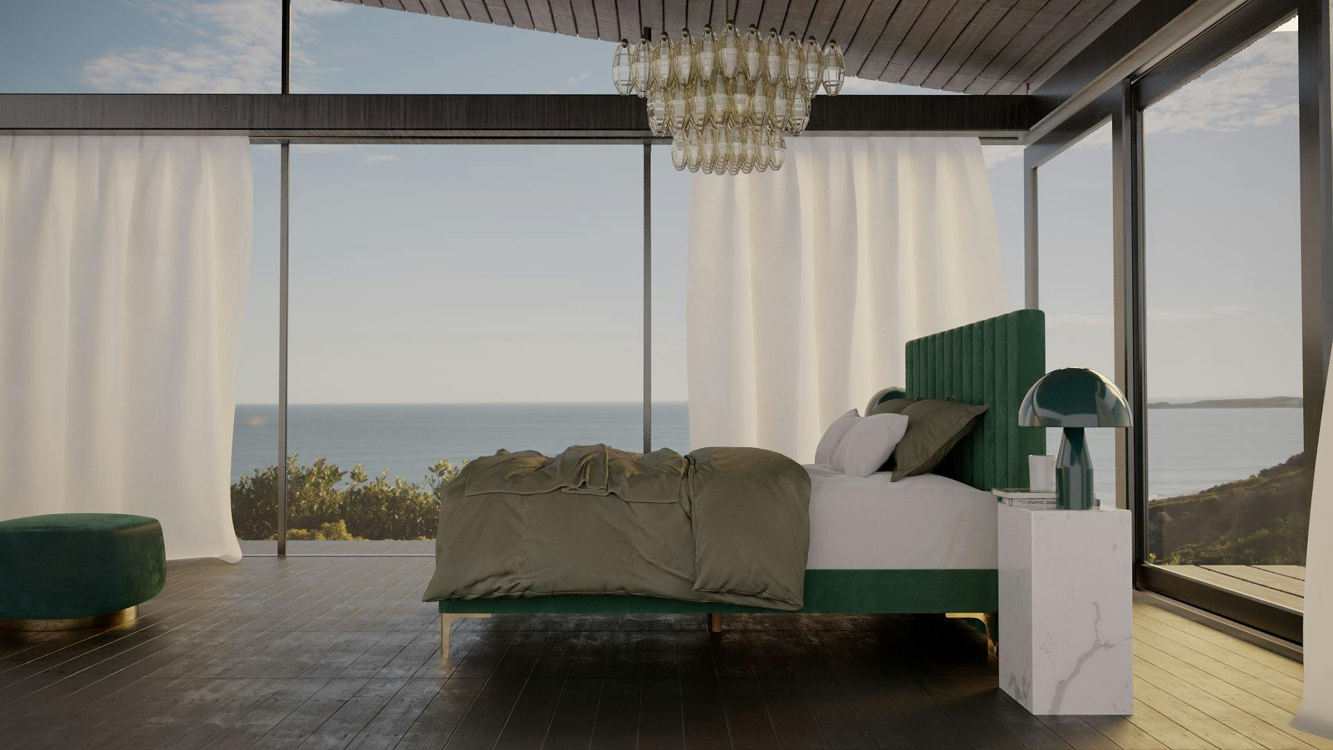 The Palais SD Indestruct Bed in Jade, in a luxurious bedroom overlooking a tranquil and winding coastline.